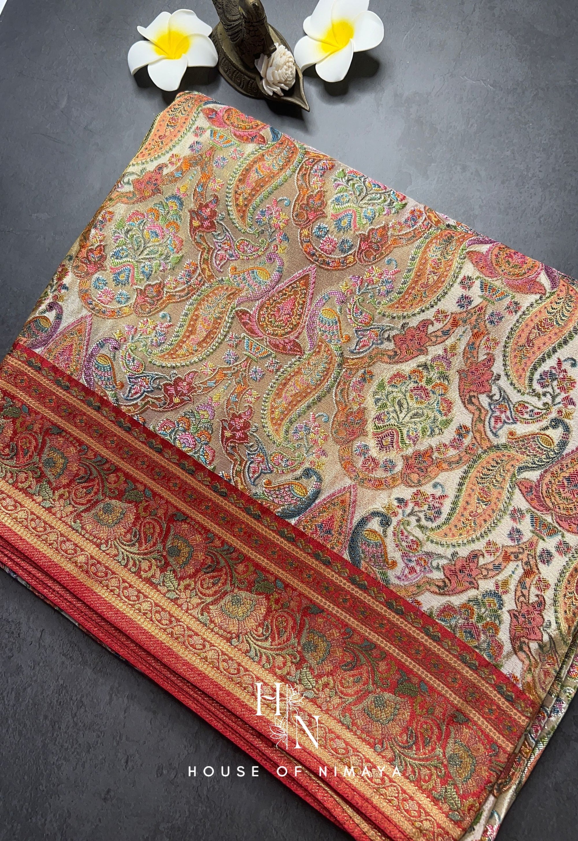 Red and white Organza Satin Saree