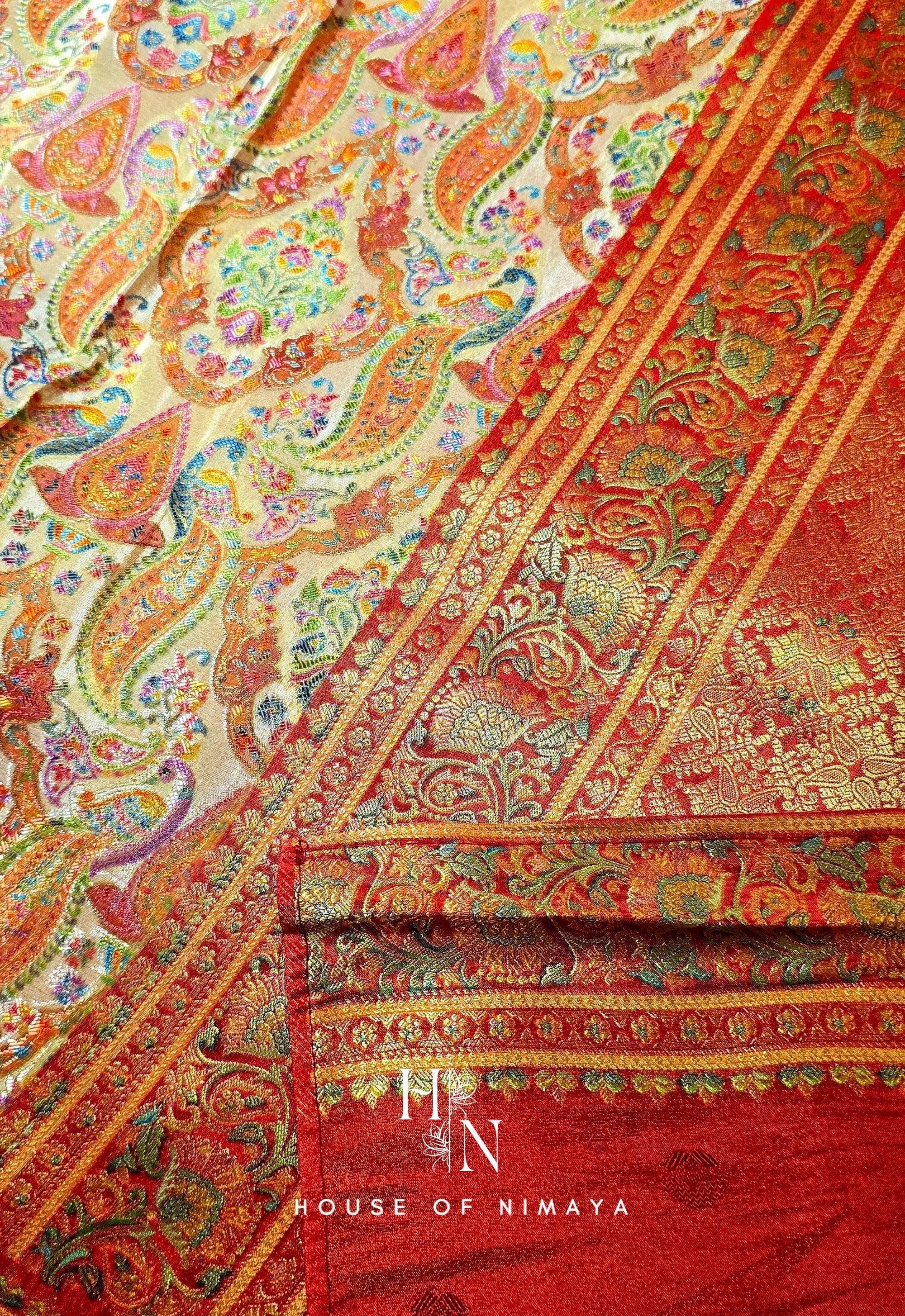 Red and white Organza Satin Saree