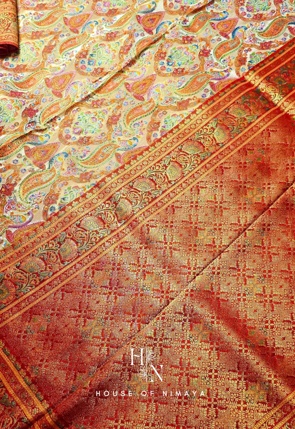 Red and white Organza Satin Saree