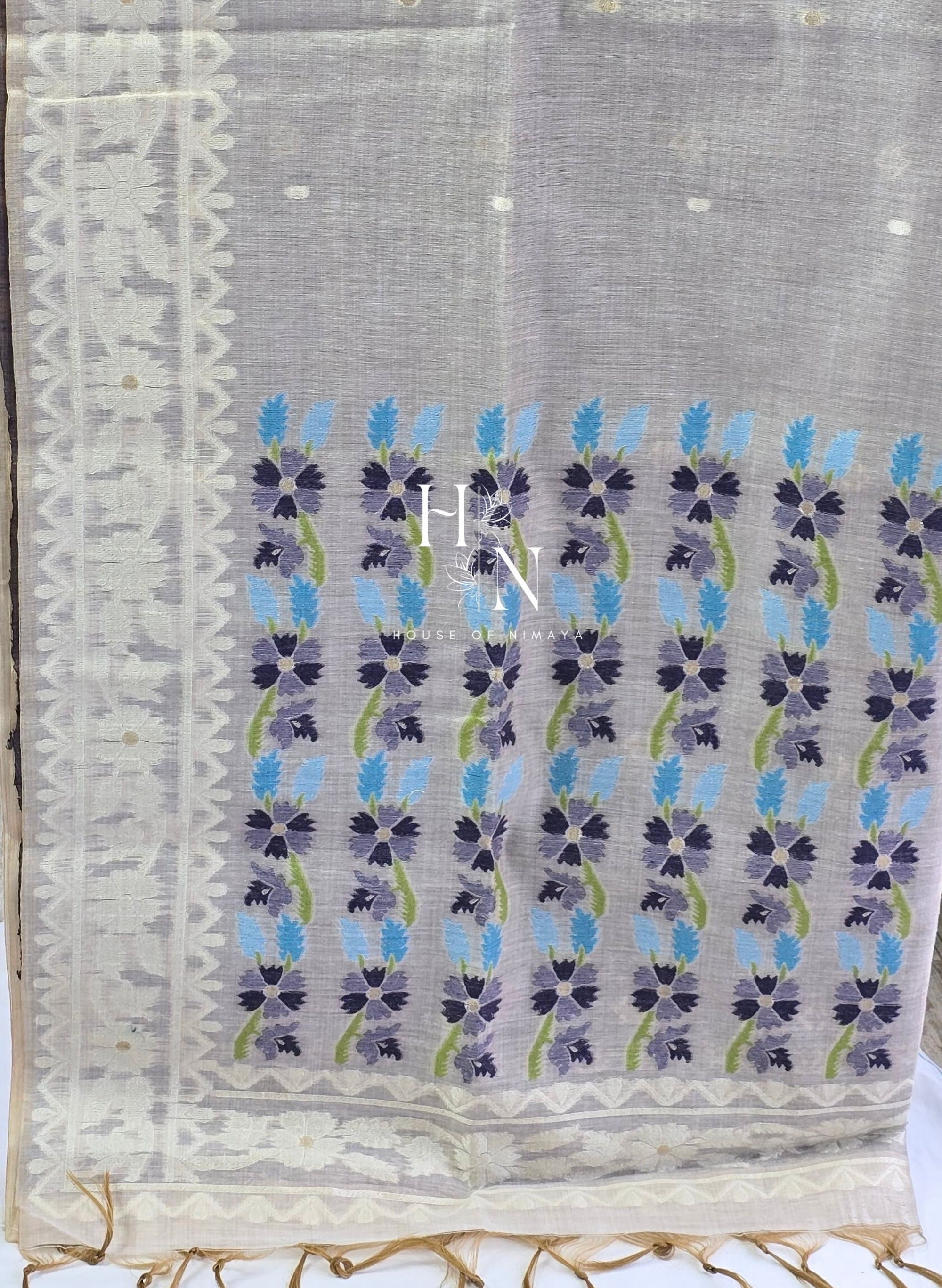 Muga Cotton Cream and Black Saree