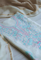 White Mul Chanderi Cutdana Chikankari Unstitched Suit Set
