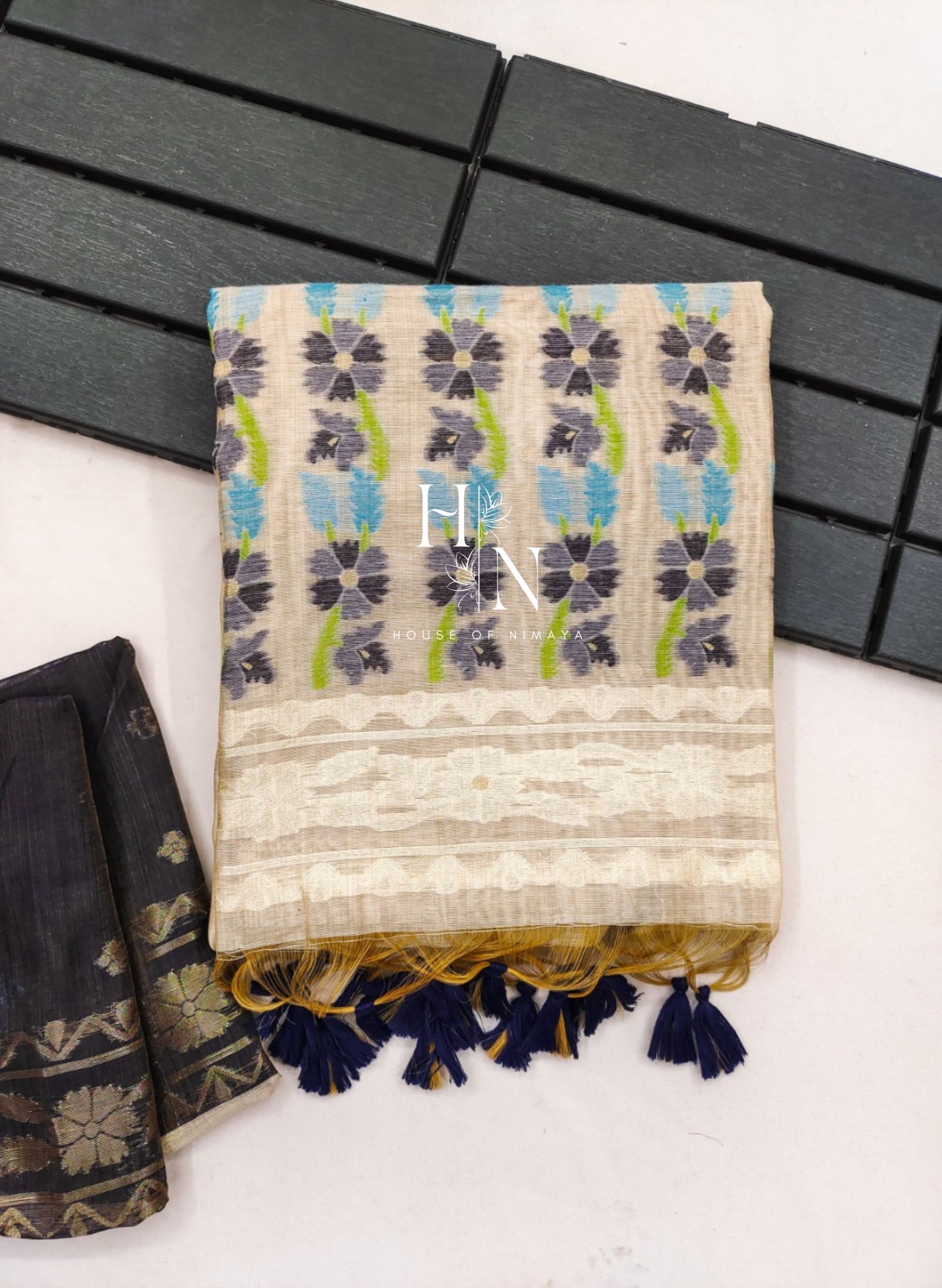 Muga Cotton Cream and Black Saree