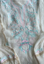 White Mul Chanderi Cutdana Chikankari Unstitched Suit Set
