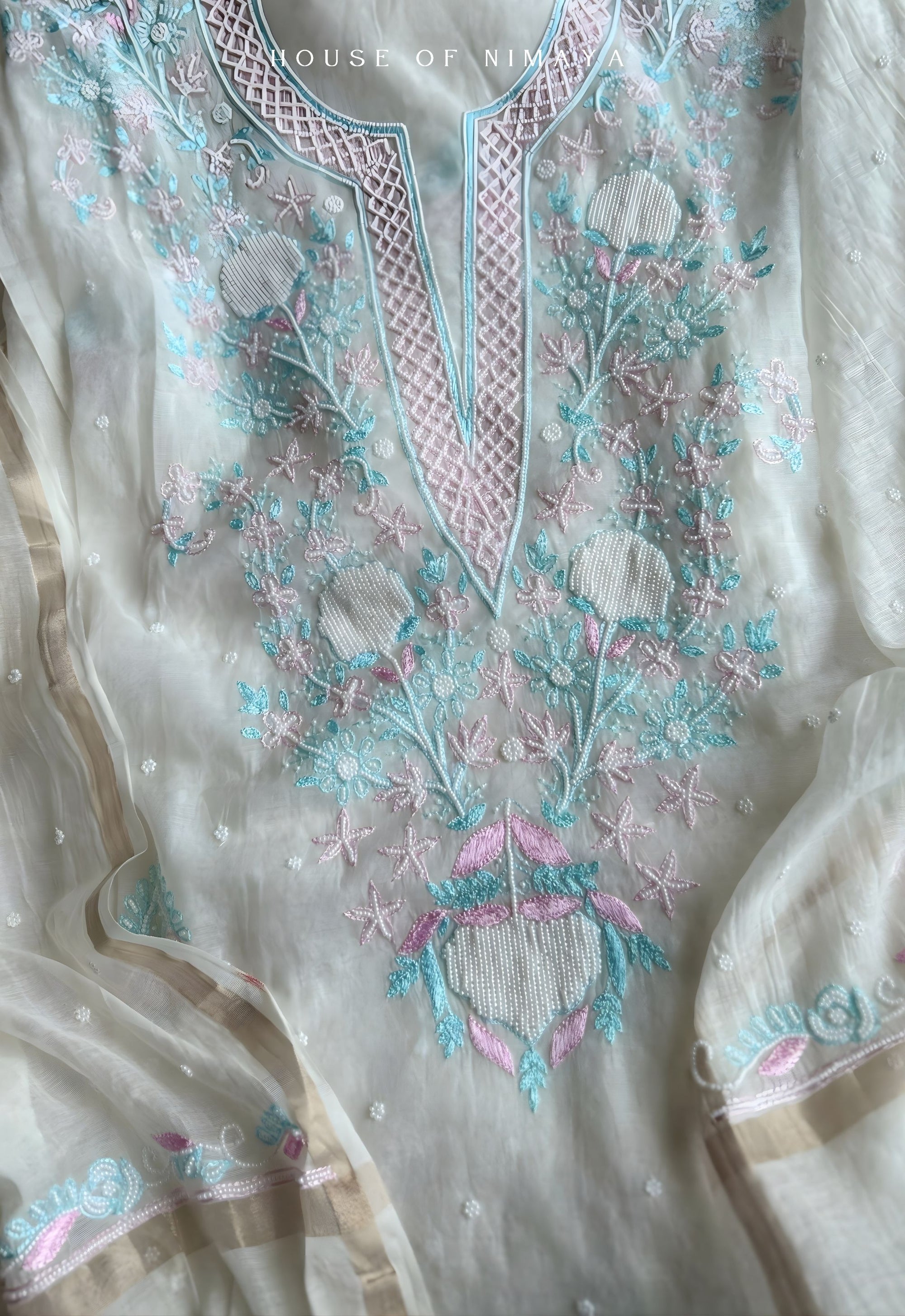 White Mul Chanderi Cutdana Chikankari Unstitched Suit Set