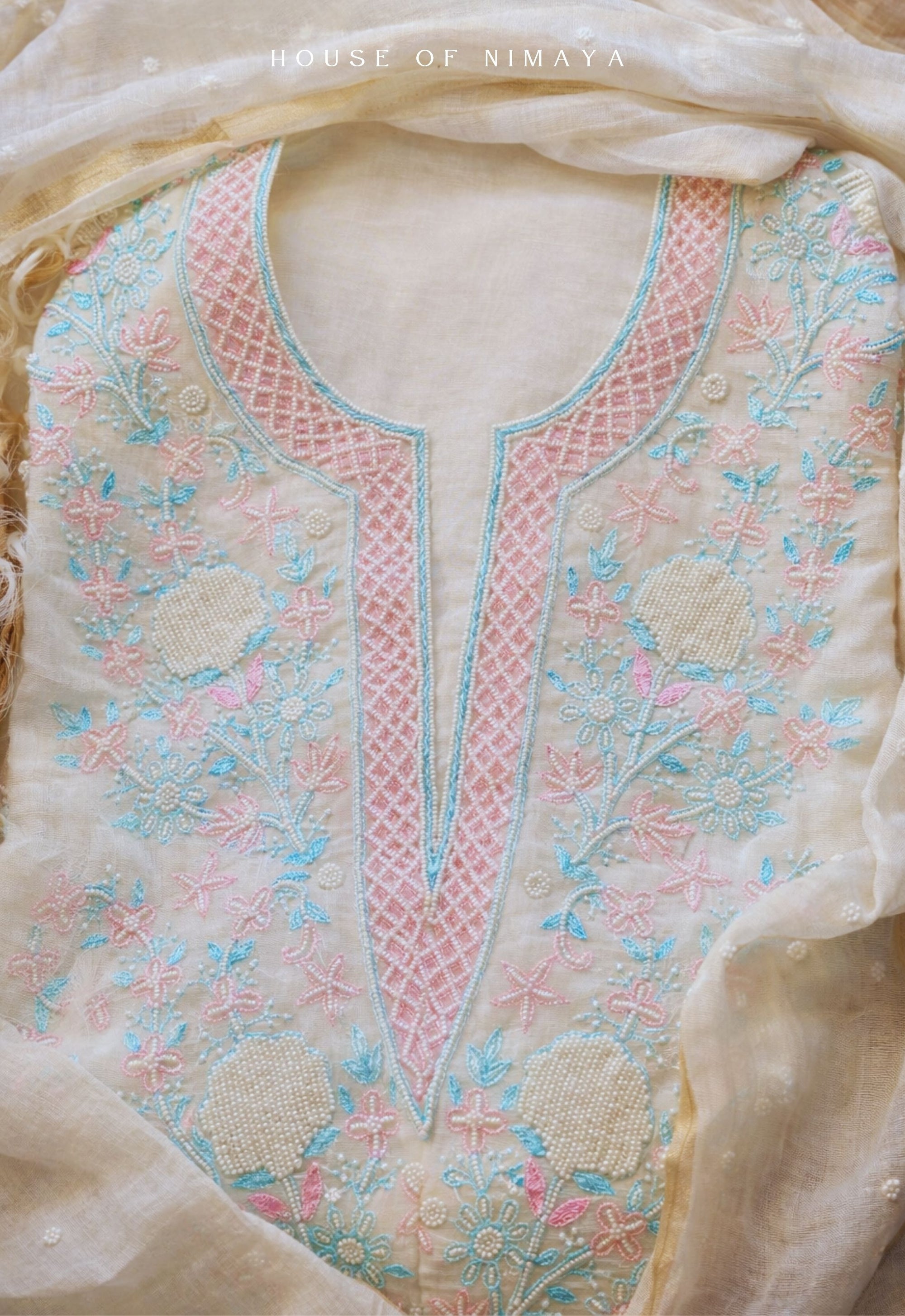 White Mul Chanderi Cutdana Chikankari Unstitched Suit Set