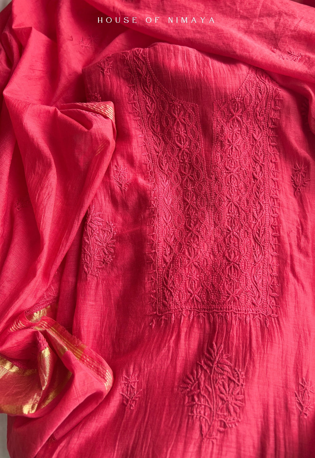 Red Mul Chanderi Chikankari Unstitched Suit Set