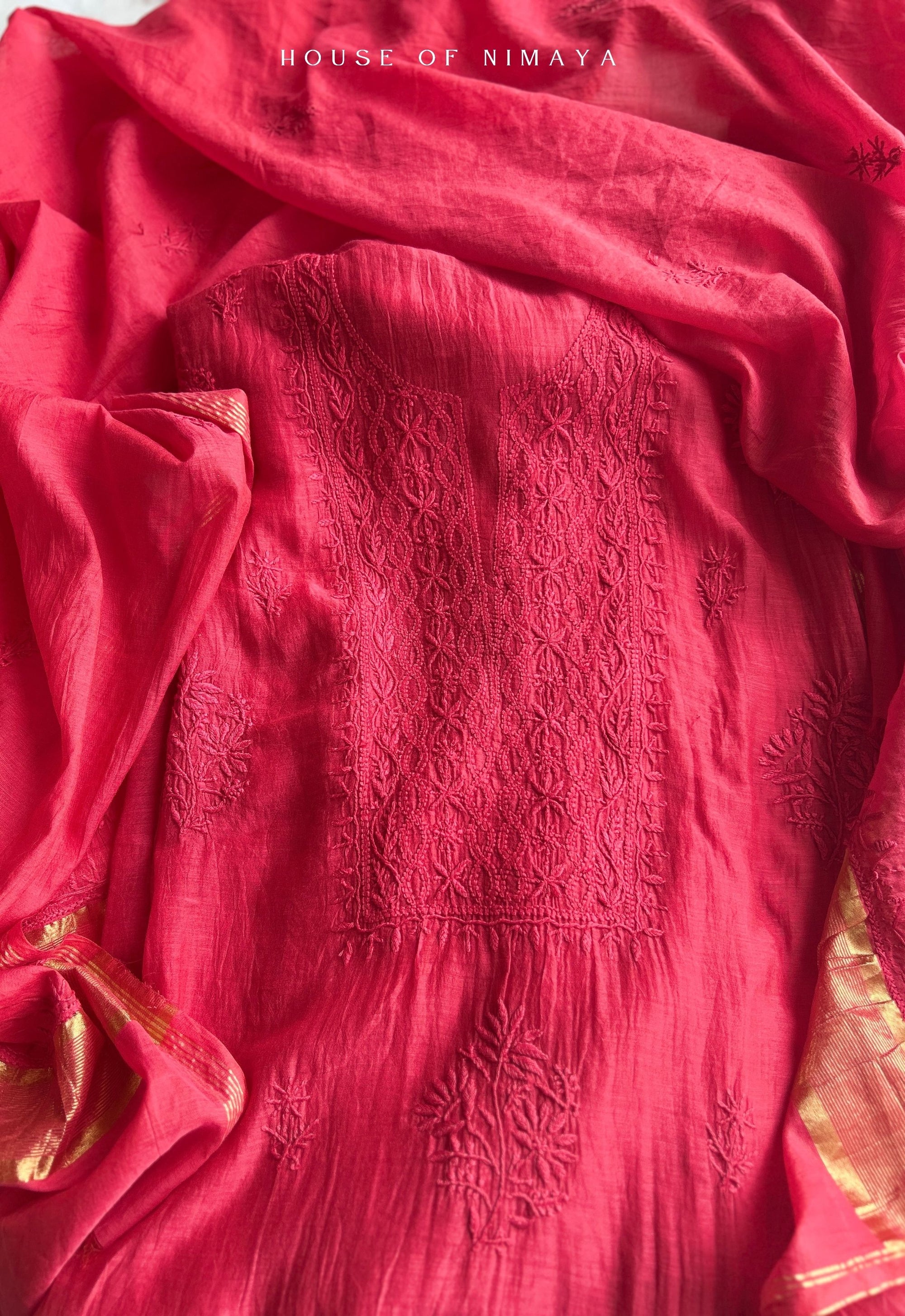 Red Mul Chanderi Chikankari Unstitched Suit Set