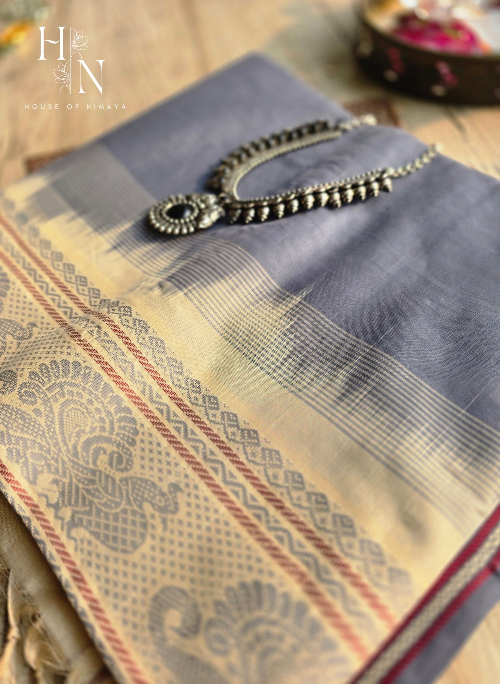 Korvai Silk Grey and white saree