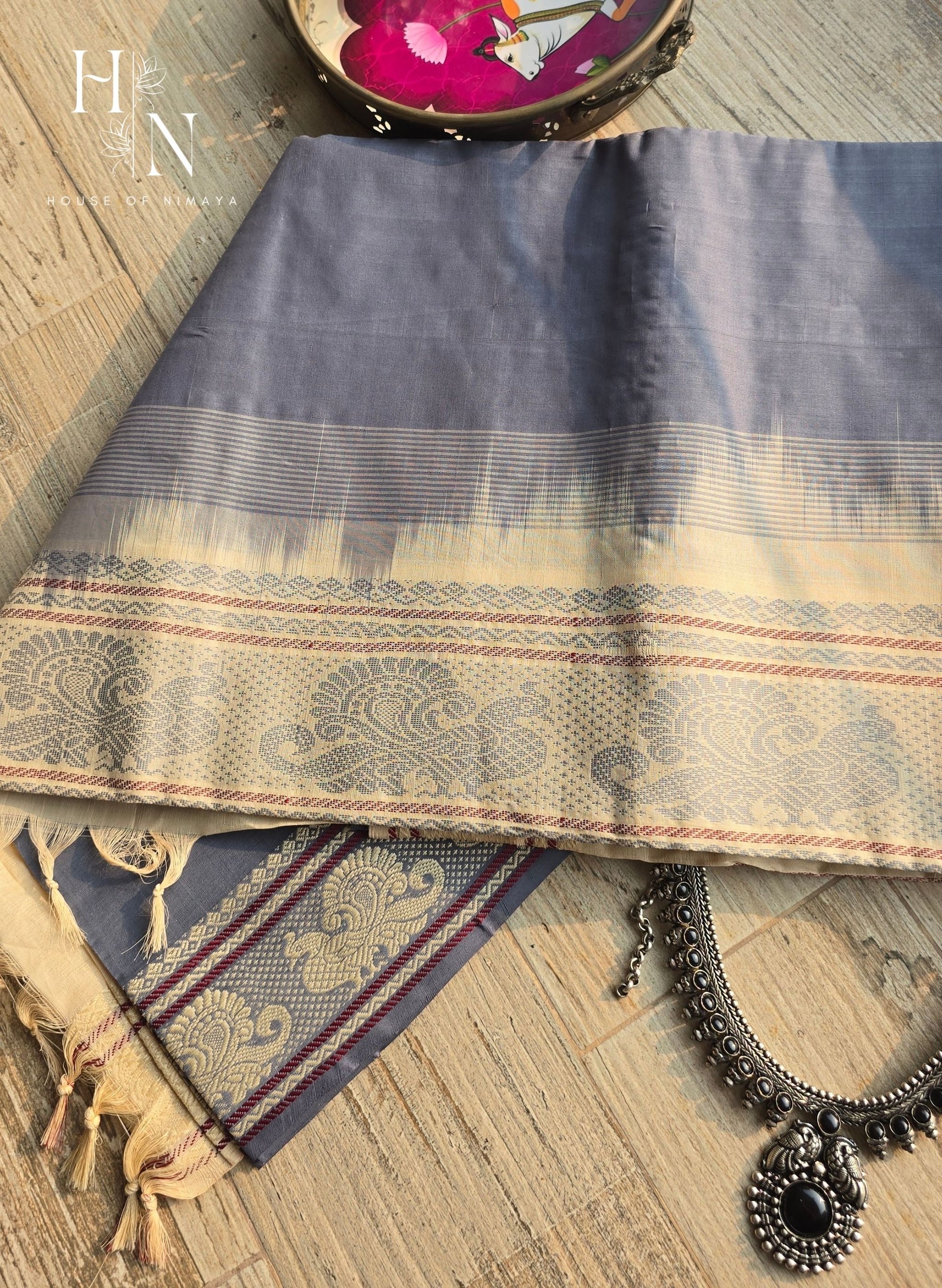 Korvai Silk Grey and white saree