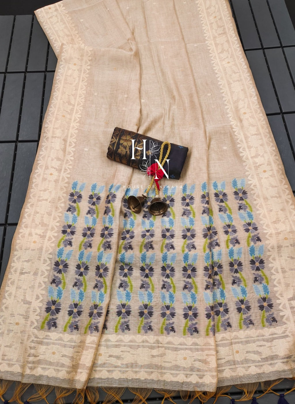 Muga Cotton Cream and Black Saree