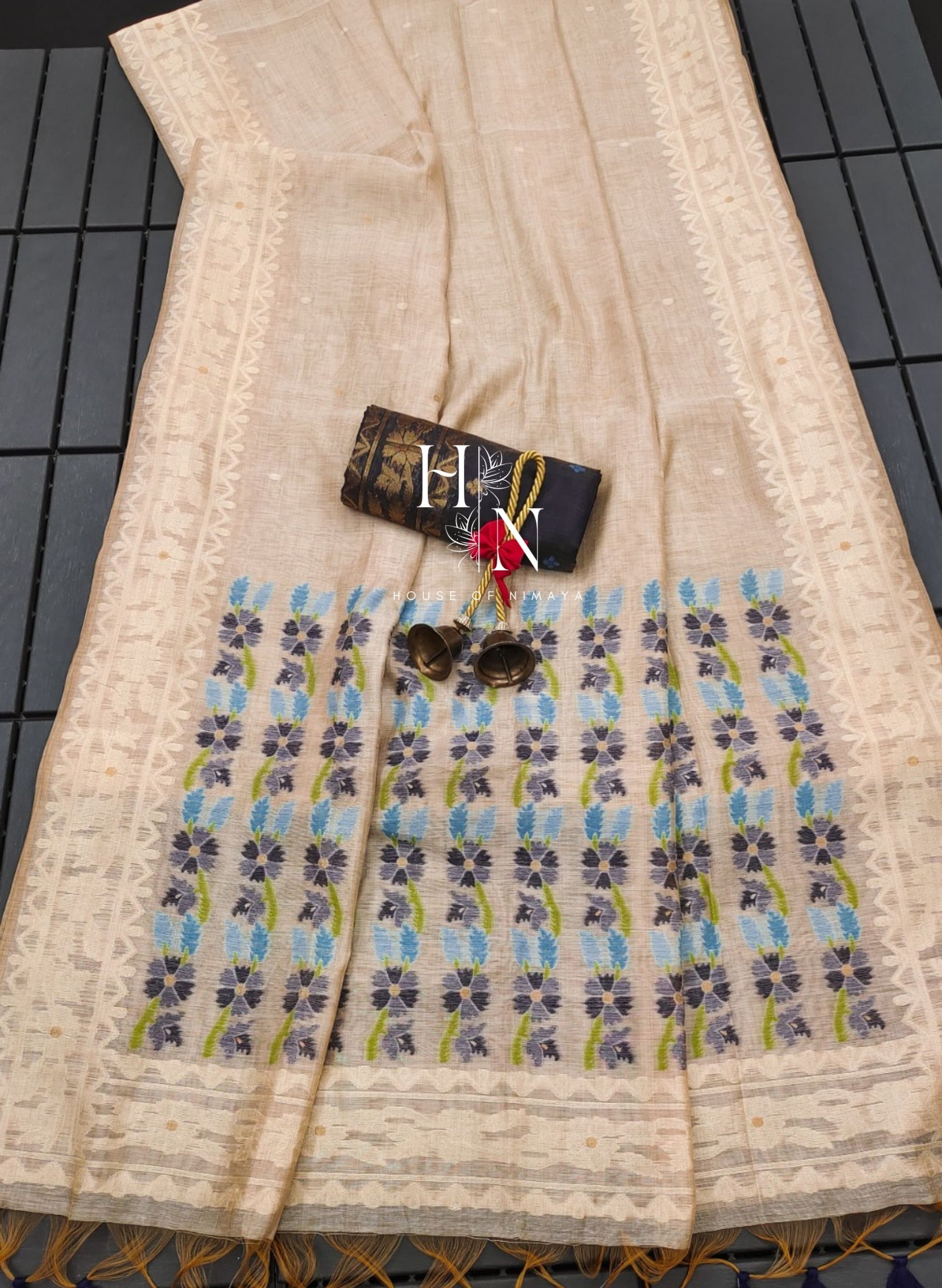 Muga Cotton Cream and Black Saree