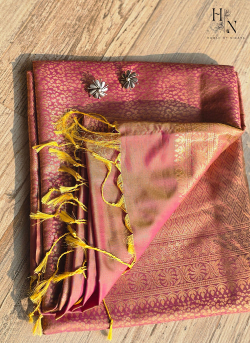 Arani Silk Pink and golden with brocade weave
