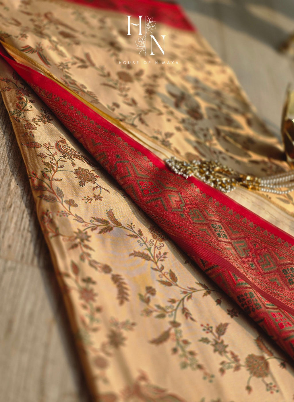 Golden Glow Beige and Red Tanchoi Semi Silk Saree