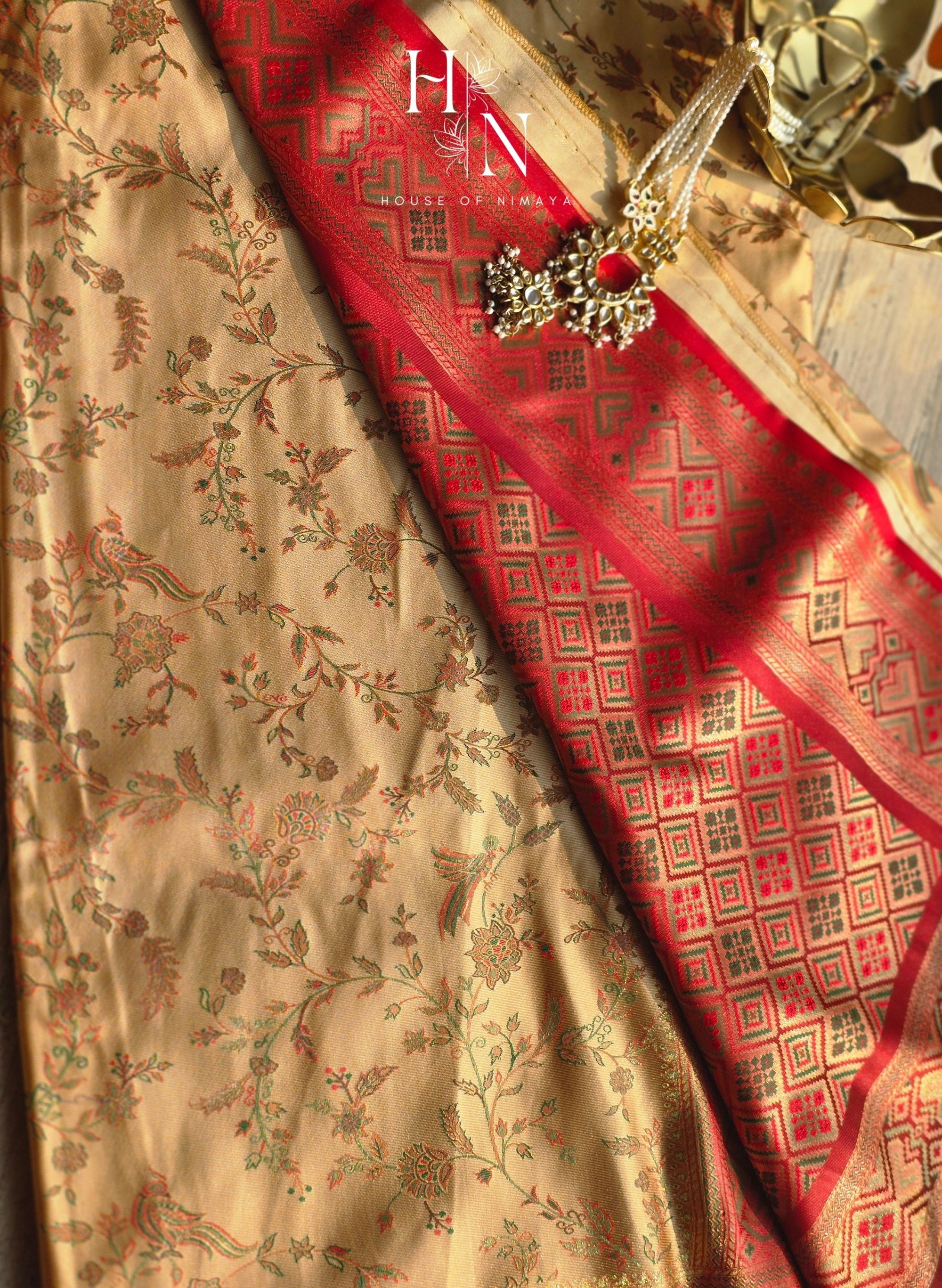 Golden Glow Beige and Red Tanchoi Semi Silk Saree