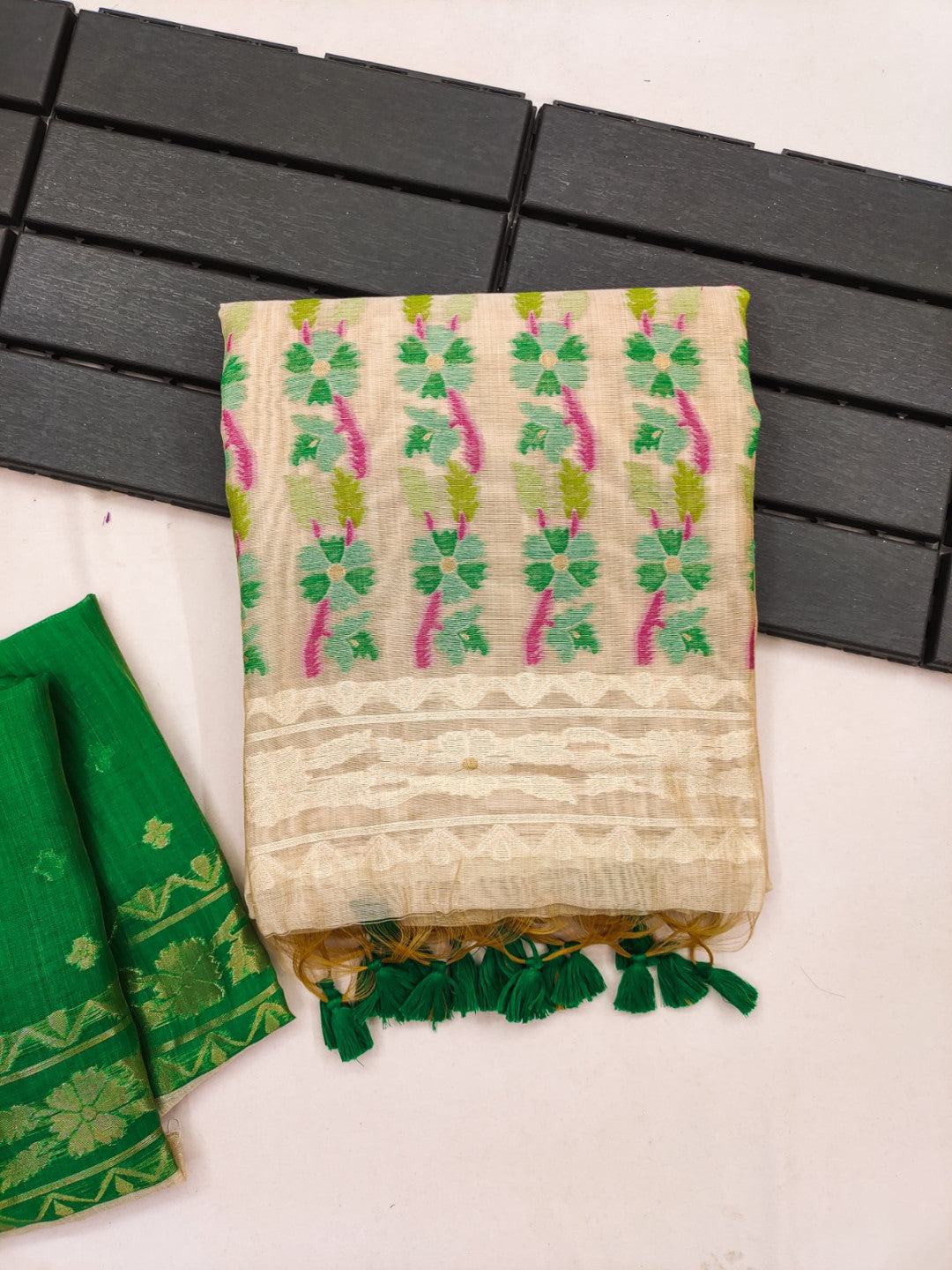 Muga Cotton Cream and Black Saree