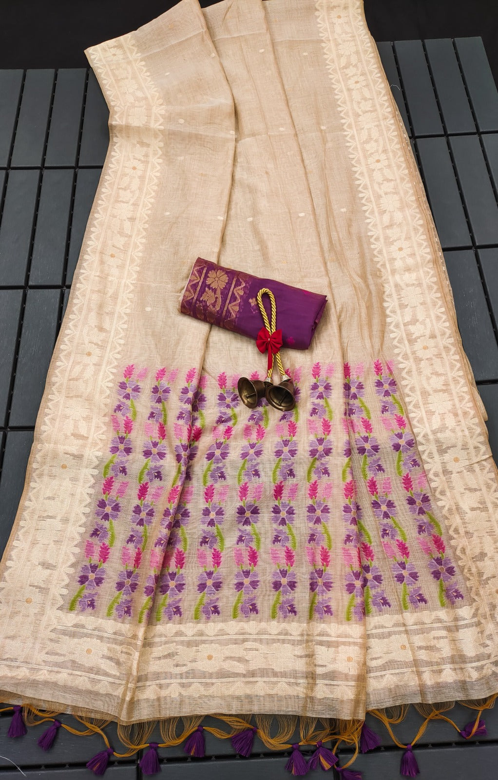Muga Cotton Cream and Black Saree