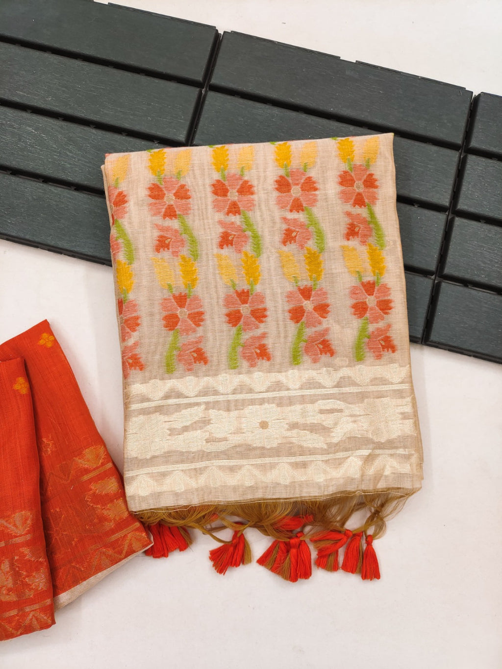 Muga Cotton Cream and Black Saree