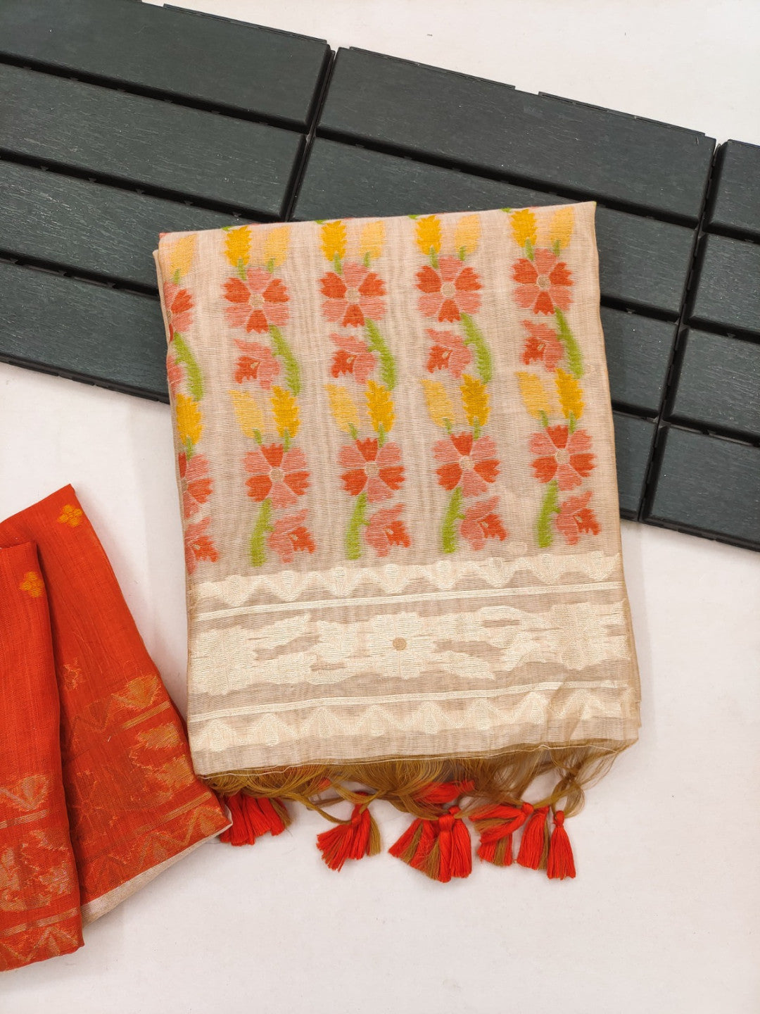 Muga Cotton Cream and Black Saree