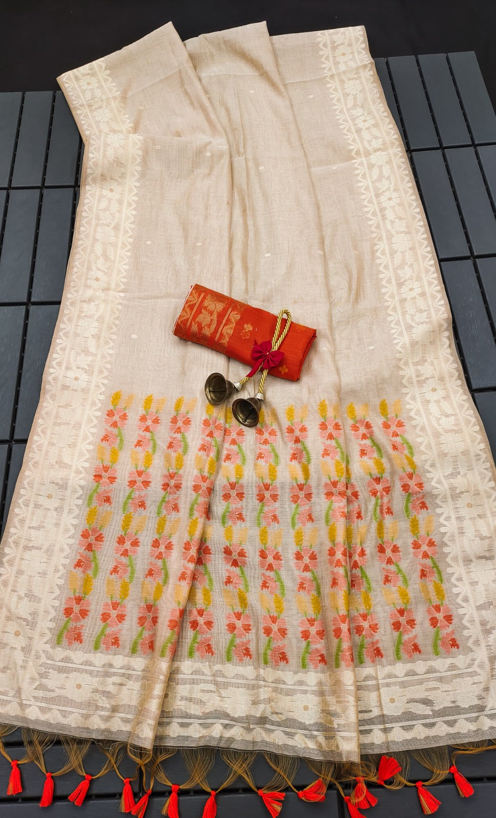 Muga Cotton Cream and Black Saree