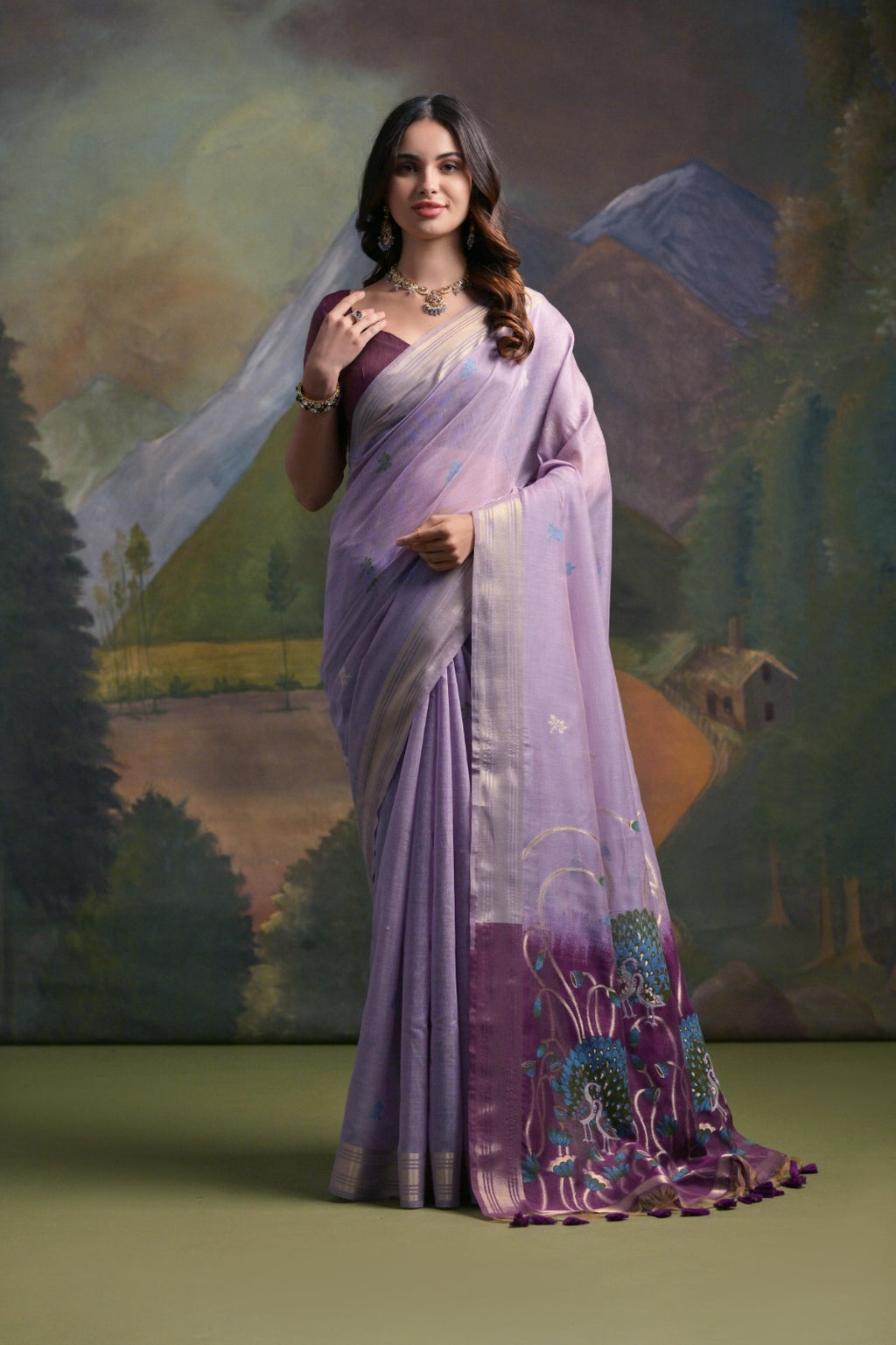 Zari pichwai woven premium muga silk saree