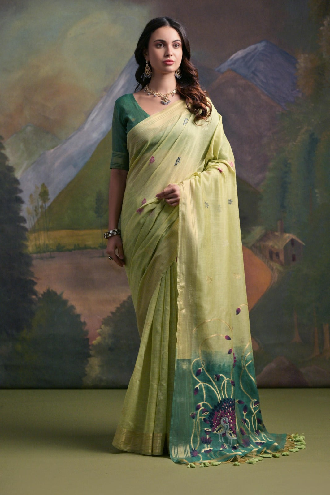 Zari pichwai woven premium muga silk saree