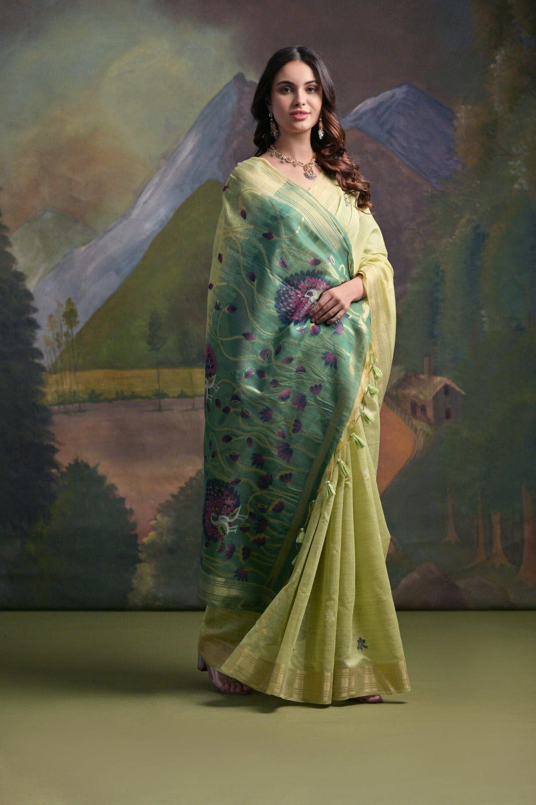 Zari pichwai woven premium muga silk saree