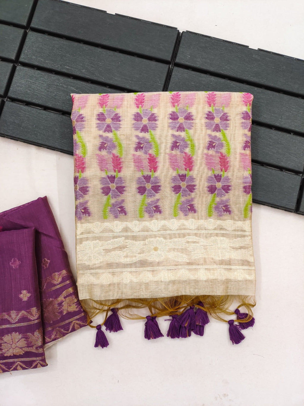 Muga Cotton Cream and Black Saree