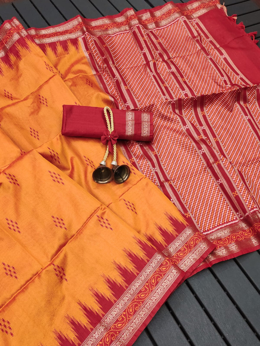 Orange & Red Tussar Silk Saree with Temple Border
