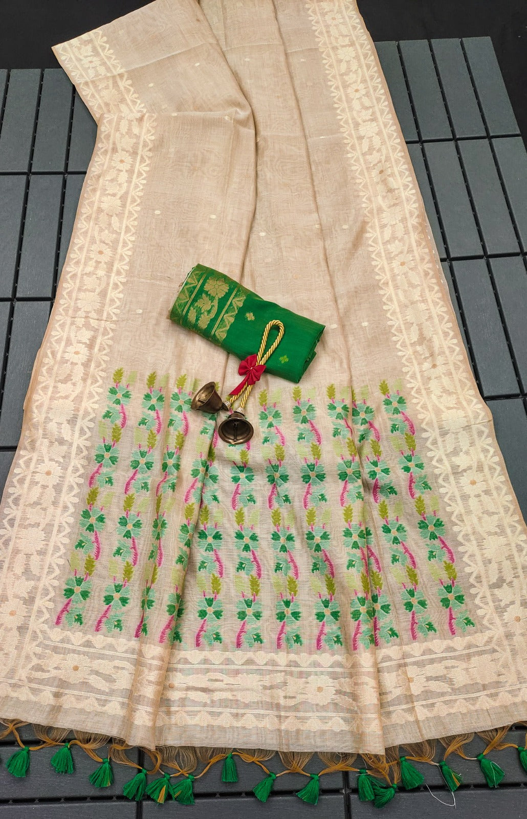 Muga Cotton Cream and Black Saree